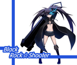 Rule 34 | 10s, 1girl, bikini, bikini top only, black hair, black rock shooter, black rock shooter (character), blue eyes, blue fire, boots, coat, fire, flat chest, front-tie top, glowing, glowing eye, gun, highres, kenneth (qq), long hair, midriff, navel, scar, shiny skin, shorts, solo, swimsuit, trench coat, twintails, weapon