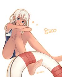 Rule 34 | 10s, 1girl, bad id, bad twitter id, bare shoulders, barefoot, blonde hair, blue eyes, character name, feet, highres, innertube, kantai collection, lio (rumei2265874644), long hair, looking at viewer, ro-500 (kancolle), school swimsuit, simple background, sitting, solo, swim ring, swimsuit, twitter username