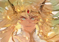 Rule 34 | 1boy, blonde hair, blue eyes, closed mouth, commentary, diadem, english commentary, floating hair, forehead jewel, genderswap, genderswap (ftm), long hair, looking at viewer, male focus, pigeon666, portrait, she-ra (character) (princesses of power), she-ra and the princesses of power, smile, solo