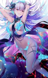Rule 34 | 1girl, armpits, arms behind head, arms up, bare shoulders, blue fire, blue hair, blush, body markings, bracelet, breasts, earrings, fate/grand order, fate (series), fire, flower, hair flower, hair ornament, hair ribbon, highres, jewelry, kama (fate), kama (swimsuit avenger) (fate), kama (swimsuit avenger) (third ascension) (fate), large breasts, long hair, looking at viewer, lotus, multicolored hair, navel, red eyes, revealing clothes, ribbon, rimuu, silver hair, smile, solo, star (symbol), star earrings, thighs, two-tone hair