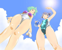 Rule 34 | 2girls, bad id, bad pixiv id, blue eyes, bottle, brown eyes, cameltoe, competition swimsuit, from below, green hair, highres, multiple girls, one-piece swimsuit, original, perspective, pocari sweat, pov, purple hair, shoko (moccom), short hair, speedo (company), swim cap, swimsuit, twintails