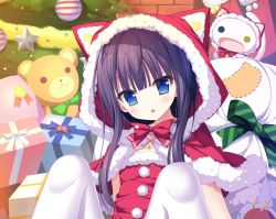 Rule 34 | 1girl, :o, animal hood, black hair, blue eyes, blunt bangs, blush, bow, box, capelet, cat hood, christmas, christmas ornaments, christmas tree, commentary request, diagonal stripes, dress, fur-trimmed capelet, fur-trimmed dress, fur-trimmed hood, fur trim, gift, gift box, green bow, head tilt, hood, hood up, hooded capelet, long hair, looking at viewer, official art, original, pantyhose, parted lips, red capelet, red eyes, santa costume, shiwasu horio, solo, striped, striped bow, white pantyhose