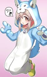 Rule 34 | 1girl, :o, animal ears, animal hands, animal hood, brown eyes, colored inner hair, commentary, crocs, dog ears, dog hood, dog tail, fake animal ears, fake tail, full body, genderswap, genderswap (mtf), gloves, grey hair, gunimated, hair between eyes, highres, hood, hood up, long hair, looking at viewer, multicolored hair, onesie, onii-chan wa oshimai!, open mouth, outline, oyama mahiro, paw gloves, pink background, pink hair, sidelocks, simple background, solo, speech bubble, symbol-only commentary, tail, translated, two-tone hair, white outline, yellow footwear, zipper pull tab