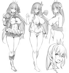 Rule 34 | 1girl, ahoge, babydoll, bare shoulders, bdsm, blush, braid, breasts, breasts out, character sheet, cleavage, cleft of venus, collar, collarbone, completely nude, full body, gloves, greyscale, hair ribbon, highres, kurowa, large breasts, leash, long hair, looking at viewer, miniskirt, monochrome, multiple views, nipples, nude, open mouth, panties, pecorine (princess connect!), pecorine (summer) (princess connect!), princess connect!, puffy short sleeves, puffy sleeves, ribbon, short sleeves, shrug (clothing), side braid, simple background, skirt, slave, smile, tiara, underwear, white background