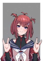Rule 34 | 1girl, absurdres, atelier live, blush, collarbone, hair ornament, hair rings, hairclip, head tilt, highres, jacket, jewelry, kani kanizawa, looking at viewer, purple eyes, red hair, red jacket, ring, sailor collar, salute, smile, solo, upper body, valefal coneri, virtual youtuber, vulcan salute