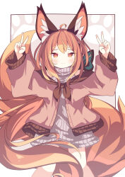 Rule 34 | 1girl, ahoge, animal ears, blush, brown jacket, closed mouth, daidai ookami, feet out of frame, fox ears, fox tail, highres, jacket, long hair, long sleeves, looking at viewer, open clothes, open jacket, orange eyes, orange hair, original, ribbed sweater, solo, sweater, tail, turtleneck, turtleneck sweater, white sweater