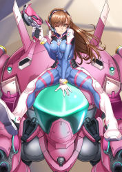 Rule 34 | 1girl, ;), absurdres, animal print, arm cannon, armor, between legs, blue bodysuit, bodysuit, boots, bracer, breast press, breasts, breasts apart, brown eyes, brown hair, charm (object), closed mouth, covered erect nipples, d.va (overwatch), eyelashes, facepaint, facial mark, gatling gun, gloves, gun, hand between legs, hand up, headphones, highres, knee pads, lips, long hair, long sleeves, mecha, medium breasts, meka (overwatch), one eye closed, overwatch, overwatch 1, pauldrons, photoshop (medium), pilot suit, rabbit print, ribbed bodysuit, robot, shiny clothes, shoulder armor, shoulder pads, sitting, skin tight, skindentation, smile, solo, syunzou, thigh boots, thigh strap, thighhighs, trigger discipline, turtleneck, weapon, whisker markings, white footwear, white gloves