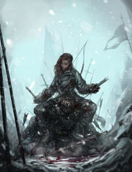 Rule 34 | 1girl, a song of ice and fire, arrow (projectile), asymmetrical bangs, blood, blood in hair, blood on clothes, blood on face, blood on hands, bloody weapon, blue eyes, blurry, boots, bow (weapon), brown hair, choi ji wuk, coat, corpse, day, depth of field, game of thrones, gloves, highres, holding, holding arrow, holding sword, holding weapon, long hair, outdoors, pants, parted lips, pool of blood, realistic, silver hair, sitting, sitting on person, snowing, sword, weapon, ygritte