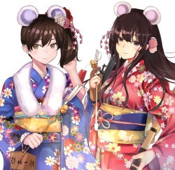 Rule 34 | 2020, 2girls, akagi (kancolle), alternate costume, animal ears, arrow (projectile), blue kimono, bow (weapon), brown eyes, brown gloves, brown hair, chinese zodiac, fake animal ears, floral print, flower, gloves, hair flower, hair ornament, hamaya, happy new year, highres, himeyamato, holding, holding arrow, holding bow (weapon), holding weapon, japanese clothes, kaga (kancolle), kantai collection, kimono, long hair, mouse ears, multiple girls, new year, obi, partially fingerless gloves, partly fingerless gloves, print kimono, red kimono, sash, side ponytail, single glove, straight hair, weapon, wide sleeves, year of the rat, yugake, yumi (bow)
