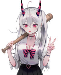 Rule 34 | + +, 1girl, absurdres, ahoge, bandages, baseball bat, black skirt, blush, bow, bowtie, breasts, choker, cleavage, fang, guunhanchi, hair between eyes, heart, highres, holding, holding baseball bat, holding weapon, horns, long hair, looking at viewer, medium breasts, nail, nail bat, open mouth, original, over shoulder, pleated skirt, purple eyes, silver hair, simple background, skirt, sleeves rolled up, solo, striped bow, striped bowtie, striped clothes, striped neckwear, twintails, v, weapon, weapon over shoulder, white background