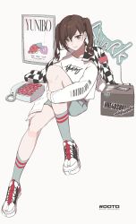 Rule 34 | 1girl, alternate costume, black hair, checkered clothes, checkered jacket, earrings, full body, highres, hodoyoi, idolmaster, idolmaster cinderella girls, invisible floor, jacket, jewelry, knee up, looking at viewer, mole, mole under eye, nail polish, phone, print shirt, shirt, shoes, shorts, simple background, sneakers, solo, stussy (brand), sunazuka akira, twintails, wavy hair, white background