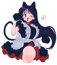 Rule 34 | 1girl, animal ears, animal hands, apron, bell, bishoujo senshi sailor moon, black dress, black gloves, blush, breasts, bright pupils, cat ears, cat tail, dress, earrings, gloves, hair behind ear, hino rei, jewelry, maid apron, medium breasts, one eye closed, p m ame, paw gloves, paw print, purple eyes, running, smile, solo, tail, white background, white pupils, wink