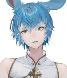 Rule 34 | 1boy, animal ears, bare shoulders, blue hair, final fantasy, final fantasy xiv, green eyes, head tilt, highres, looking at viewer, lumeru 33, male focus, parted lips, rabbit ears, simple background, smile, solo, upper body, viera, warrior of light (ff14), white background