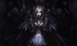 Rule 34 | 1girl, belt, breasts, chenbo, cleavage, coat, elf, feathers, highres, long hair, looking at viewer, navel, pointy ears, red eyes, silver hair, smile, solo, sylvanas windrunner, tagme, warcraft, world of warcraft