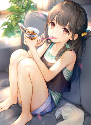 Rule 34 | 1girl, bare legs, bare shoulders, barefoot, black hair, blush, braid, brown eyes, closed mouth, couch, cup, denim, denim shorts, eating, feet, food, from side, hair bobbles, hair ornament, highres, holding, holding spoon, ice cream, indoors, kaguyuzu, long hair, looking at viewer, on couch, original, plant, potted plant, shorts, sitting, smile, solo, spoon, striped, tank top, toes, tongue, tongue out, utensil in mouth, vertical stripes