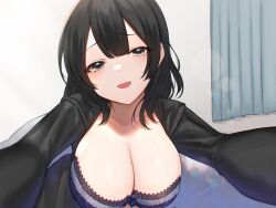 Rule 34 | 1girl, asmr, black hair, black shirt, bow, bow bra, bra, breasts, cleavage, collarbone, foreshortening, from below, girl on top, grey hair, highres, hoshimiya aki, indoors, lace trim, large breasts, light blush, long hair, long sleeves, looking at viewer, open mouth, original, pov, reaching, reaching towards viewer, shirt, smile, solo, underwear, upper body