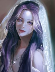 Rule 34 | 1girl, absurdres, bridal veil, forehead, glint, haseonyeon, highres, jewelry, korean commentary, long hair, looking to the side, medea solon, mole, mole under eye, necklace, pale skin, parted lips, portrait, purple eyes, purple hair, simple background, solo, veil, your throne