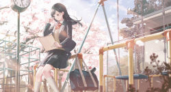 Rule 34 | 1girl, absurdres, bench, black jacket, black skirt, blazer, blue sky, bow, bowtie, brown eyes, brown hair, building, cherry blossoms, closed mouth, cloud, collared shirt, crying, crying with eyes open, fence, highres, holding, jacket, kneehighs, kotatiyu, long hair, long sleeves, original, outdoors, park, park bench, pleated skirt, red bow, red bowtie, school uniform, shirt, skirt, sky, smile, socks, solo, sweater, swing, tears, tree, uniform, white shirt, white socks, wiping tears