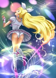Rule 34 | 10s, 1girl, ass, bass clef, beimei, blonde hair, boots, choker, crotchet rest, cure rhythm, earrings, eyelashes, flat sign, frills, green eyes, high heels, highres, jewelry, knee boots, long hair, looking back, magical girl, minamino kanade, musical note, precure, quaver, quaver rest, shoes, skirt, solo, staff (music), suite precure, treble clef, white choker, wrist cuffs