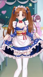 Rule 34 | 2girls, apron, blue bow, blue skirt, bow, breasts, brown eyes, brown hair, chalkboard, choker, classroom, cleavage, closed mouth, clothes lift, collarbone, doukyuusei another world, floating hair, frilled apron, frilled legwear, frilled skirt, frills, game cg, garter straps, hair bow, hair intakes, indoors, kakyuusei, kanou ryouko, lifted by self, long hair, looking at viewer, maid headdress, medium breasts, multiple girls, obi, official art, print skirt, red bow, sash, skirt, skirt lift, smile, solo focus, thighhighs, twintails, very long hair, waist apron, white apron, white legwear