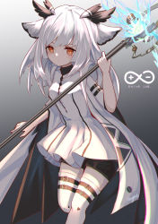 Rule 34 | 1girl, arknights, artist name, black shorts, chinese commentary, commentary, dress, feather hair, gradient background, highres, holding, holding staff, holding weapon, long hair, looking down, orange eyes, originium arts (arknights), owl ears, ptilopsis (arknights), rhine lab logo, riinougat, shorts, shorts under dress, solo, staff, standing, standing on one leg, thigh strap, thighhighs, weapon, white dress, white hair, white thighhighs