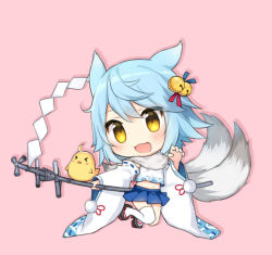 Rule 34 | 1girl, animal ears, azur lane, bell, bird, blue hair, blue skirt, chibi, chick, detached sleeves, fox ears, fubuki (azur lane), hair bell, hair ornament, looking at viewer, open mouth, pink background, pleated skirt, scarf, short hair, simple background, skirt, smile, solo, staff, thighhighs, white scarf, white thighhighs, yada (xxxadaman), yellow eyes