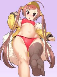 Rule 34 | 1girl, ahoge, azur lane, bikini, black thighhighs, breasts, brown hair, cameltoe, feet, foot focus, foreshortening, from below, fur trim, gradient background, hair ornament, jacket, long hair, looking at viewer, navel, no shoes, open mouth, ping hai (azur lane), ping hai (summer vacation) (azur lane), purple background, red bikini, red eyes, single thighhigh, small breasts, solo, stomach, swimsuit, thighhighs, toes, tomoyuki kotani, twintails, very long hair, visor cap