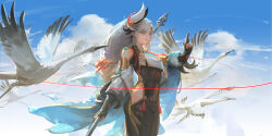 Rule 34 | 1girl, armor, arrow (projectile), bird, black dress, blue eyes, blue sky, breasts, calamity queller (genshin impact), chinese clothes, closed mouth, cloud, cowboy shot, dress, genshin impact, gold armor, gold trim, hair ornament, hair over one eye, highres, holding, long hair, looking to the side, medium breasts, pale skin, pointing, pointing up, polearm, seagull, shenhe (genshin impact), shoulder pads, sky, solo, spear, standing, tight clothes, weapon, white bird, white hair, youshun (naturaljuice)