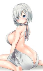 Rule 34 | 10s, 1girl, alternate costume, arched back, ass, backless dress, backless outfit, bad id, bad pixiv id, bare back, blush, breasts, butt crack, closed mouth, dress, from behind, full body, hair ornament, hair over one eye, hairclip, halterneck, hamakaze (kancolle), hamalu, highres, kantai collection, large breasts, looking at viewer, meme attire, naked sweater, ribbed sweater, short hair, sideboob, silver hair, simple background, sitting, solo, sweater, sweater dress, turtleneck, turtleneck sweater, virgin killer sweater, wariza