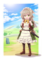 Rule 34 | 1girl, :d, animal ear fluff, animal ears, apron, backpack, bag, black pantyhose, boots, braid, brown footwear, brown hair, commentary request, cross-laced footwear, day, dress, frilled apron, frilled dress, frills, green dress, green eyes, hair between eyes, hands up, harada (sansei rain), highres, juliet sleeves, lace-up boots, long hair, long sleeves, looking at viewer, maid headdress, open mouth, original, pantyhose, pleated dress, puffy sleeves, ribbon-trimmed dress, road, sheath, sheathed, smile, solo, sword, tail, weapon, white apron