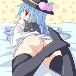 Rule 34 | 1girl, ass, black thighhighs, blue hair, bottomless, censored, convenient censoring, convenient leg, food, from behind, fruit, hat, heart, hinanawi tenshi, legs up, long sleeves, looking at viewer, looking back, lying, naked shirt, no panties, oimo (imoyoukan), oimonocake, on stomach, peach, pink eyes, shirt, solo, thighhighs, touhou