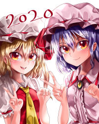 Rule 34 | 2020, 2girls, absurdres, backlighting, blonde hair, blouse, breasts, brooch, center frills, closed mouth, collared shirt, commentary request, flandre scarlet, frilled shirt, frilled shirt collar, frilled sleeves, frills, hair between eyes, hat, hat ribbon, highres, jewelry, mahoro (minase mahoro), medium hair, mob cap, multiple girls, necktie, open mouth, orange eyes, pink headwear, pink shirt, puffy short sleeves, puffy sleeves, purple hair, red ribbon, remilia scarlet, ribbon, shirt, short sleeves, siblings, side ponytail, simple background, sisters, small breasts, smile, teeth, touhou, upper body, upper teeth only, v, white background, white headwear, white shirt, yellow brooch, yellow necktie