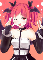 Rule 34 | 1girl, ;p, alternate costume, alternate hair length, alternate hairstyle, bare shoulders, bat wings, breasts, choker, collarbone, cosplay, culter, dead or alive, dead or alive 5, demon girl, demon wings, detached sleeves, double v, gothic lolita, hair ribbon, head wings, koakuma, lolita fashion, marie rose, marie rose (cosplay), one eye closed, pointy ears, red eyes, red hair, ribbon, ribbon-trimmed clothes, ribbon trim, shirt, skirt, slit pupils, small breasts, smile, solo, tongue, tongue out, touhou, two side up, v, wings