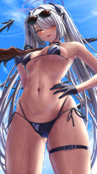 Rule 34 | 1girl, bikini, black bikini, black gloves, black ribbon, blue archive, breasts, commentary, cowboy shot, dark-skinned female, dark skin, demon tail, eyewear on head, from below, gloves, grey hair, gun, hair over one eye, hair ribbon, halo, hand on own hip, highres, iori (blue archive), iori (swimsuit) (blue archive), looking at viewer, looking down, micro bikini, multi-strapped bikini bottom, navel, official alternate costume, open mouth, over shoulder, pointy ears, red eyes, revision, ribbon, rifle, side-tie bikini bottom, sideboob, silver bullet (ecc12 8), small breasts, solo, stomach, string bikini, sunglasses, swimsuit, tail, thigh strap, twintails, underboob, weapon, weapon over shoulder, wet