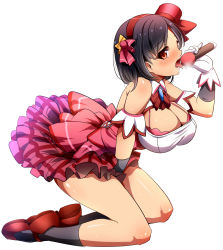 Rule 34 | 1girl, between thighs, black hair, black socks, blush, breasts, cleavage, gloves, hair ribbon, hairband, hat, highres, kneehighs, large breasts, magukappu, microphone, open mouth, original, red eyes, ribbon, sexually suggestive, short hair, simple background, skirt, socks, solo, tongue, tongue out, top hat, white background, white gloves