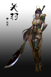 Rule 34 | 1girl, armor, bikini armor, breasts, cleavage, collarbone, female focus, full body, gauntlets, gradient background, greaves, grey background, hand on own hip, highres, holding, kalata, large breasts, long hair, looking at viewer, naginata, polearm, purple hair, red eyes, solo, standing, weapon