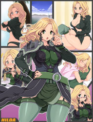 Rule 34 | 1girl, belt, blonde hair, blush, border break, bra, breast hold, breasts, character name, cleavage, eating, english text, closed eyes, food, glasses, green eyes, hand on own hip, headset, hilda eichmann (border break), kihaiu, large breasts, lying, mole, noodles, on side, open mouth, pajamas, panties, pillow, red-framed eyewear, sega, semi-rimless eyewear, sitting, smile, solo, standing, thighhighs, underwear, undressing