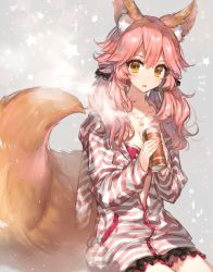 Rule 34 | 10s, 1girl, animal ears, bad id, bad pixiv id, black skirt, blush, bra, can, chocoan, fate/extra, fate/extra ccc, fate (series), fox ears, fox girl, fox tail, grey background, hair between eyes, hair flaps, holding, holding can, hood, hoodie, legs together, long hair, looking at viewer, low twintails, official alternate costume, open mouth, parted lips, pink bra, pink hair, sitting, skirt, solo, star (symbol), starry background, striped clothes, striped hoodie, tail, tamamo (fate), tamamo no mae (fate/extra), tamamo no mae (spring casual) (fate), tea, twintails, underwear, yellow eyes