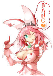 Rule 34 | 1girl, blue eyes, breasts, cleavage cutout, clothing cutout, double finger gun, elphelt valentine, english text, finger gun, gloves, grin, guilty gear, guilty gear xrd, hat, highres, large breasts, looking at viewer, pink hair, simple background, smile, white background