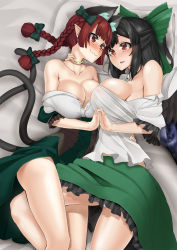 Rule 34 | 2girls, :3, absurdres, animal ears, bare shoulders, bed sheet, black hair, black wings, blush, bow, braid, breasts, cat ears, cat tail, choker, cleavage, extra ears, eye contact, hair bow, highres, holding hands, interlocked fingers, kaenbyou rin, large breasts, long hair, looking at another, luonawei, multiple girls, multiple tails, pillow, pointy ears, red eyes, red hair, reiuji utsuho, tail, touhou, twin braids, wings, yuri