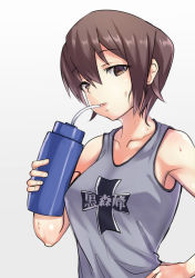 Rule 34 | 1girl, bottle, brown eyes, brown hair, collarbone, commentary request, drinking, emblem, girls und panzer, grey background, grey shirt, hand on own hip, head tilt, highres, holding, holding bottle, kuromorimine (emblem), lips, looking at viewer, nishizumi maho, parted lips, shirt, short hair, simple background, solo, standing, sweat, tank top, upper body, water bottle, yamaori (yamaorimon)