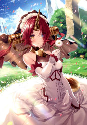Rule 34 | 1girl, absurdres, bare shoulders, blue eyes, blue sky, blush, breasts, brown eyes, cleavage, closed mouth, cloud, cloudy sky, dress, elbow gloves, fate/grand order, fate (series), flower, frankenstein&#039;s monster (fate), frills, gloves, grass, heterochromia, highres, holding, horns, huge filesize, long hair, looking at viewer, medium breasts, necomi, petals, red hair, scan, see-through, see-through cleavage, short hair, simple background, single horn, sky, sleeveless, solo, sunlight, veil