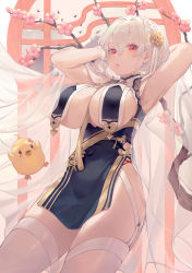 Rule 34 | 1girl, absurdres, armpits, arms behind head, azur lane, between breasts, bibimbub, braid, branch, breast curtains, breasts, cherry blossoms, china dress, chinese clothes, commentary, dress, english commentary, garter straps, gloves, grey dress, hair between eyes, half gloves, highres, large breasts, lips, looking at viewer, manjuu (azur lane), neckwear between breasts, pelvic curtain, red eyes, revealing clothes, see-through, see-through sleeves, short hair, side braid, sideboob, sirius (azur lane), sirius (azure horizons) (azur lane), strap between breasts, thighhighs, thighs, two-tone leotard, white gloves, white hair, white thighhighs