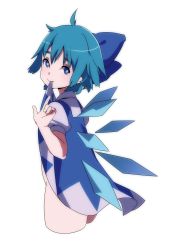 Rule 34 | 1girl, ahoge, blue dress, blue eyes, blue hair, bow, cirno, clothes lift, dress, dress lift, hair bow, highres, ice, ice wings, looking at viewer, matching hair/eyes, mouth hold, namauni, no panties, short dress, short hair, simple background, solo, touhou, white background, wings