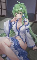 Rule 34 | 1girl, absurdres, bare shoulders, blue skirt, blush, closed mouth, detached sleeves, frilled skirt, frills, frog hair ornament, green eyes, green hair, hair ornament, hair tubes, highres, indoors, japanese clothes, kochiya sanae, long hair, looking at viewer, nontraditional miko, ramie (ramie541), shouji, skirt, sliding doors, smile, snake hair ornament, solo, tatami, touhou, white sleeves