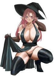 Rule 34 | 1girl, bad id, bad pixiv id, black panties, black thighhighs, breasts, cleavage, dress, elbow gloves, gloves, gongba laoge, green dress, hat, high heels, large breasts, long hair, no bra, original, panties, pelvic curtain, pink hair, pointy ears, squatting, thighhighs, underwear, wet, white background, witch hat