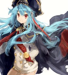 Rule 34 | 10s, blue eyes, buttons, c. verges, cape, floating hair, hat, highres, last period, long hair, looking at viewer, nekojita (ika neko46), pirate, pirate hat, red eyes, simple background, solo, standing, white background