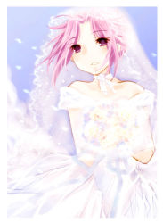 Rule 34 | 10s, 1girl, alternate hairstyle, bare shoulders, bouquet, bridal veil, dress, flower, hair up, jun&#039;you (kancolle), kantai collection, looking at viewer, neck ribbon, purple eyes, purple hair, r (shioaji), ribbon, solo, strapless, strapless dress, veil, wedding dress, white dress