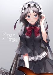 Rule 34 | 1girl, akiyama mio, black dress, blue eyes, blush, bow, character name, dress, grey background, guitar, hand up, instrument, k-on!, long hair, looking at viewer, maid headdress, nyanya, parted bangs, red bow, solo, standing, twitter username, very long hair
