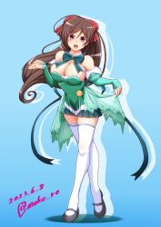 Rule 34 | 1girl, ahoge, alternate costume, bow, bowtie, breasts, brown hair, detached collar, detached sleeves, dress, full body, green bow, green bowtie, green dress, green sleeves, hair ornament, hair ribbon, hairclip, kantai collection, large breasts, long hair, mamiya (kancolle), moke ro, pia carrot (series), pia carrot e youkoso!! 3, ponytail, purple eyes, red ribbon, ribbon, short dress, solo, standing, thighhighs, very long hair, white thighhighs